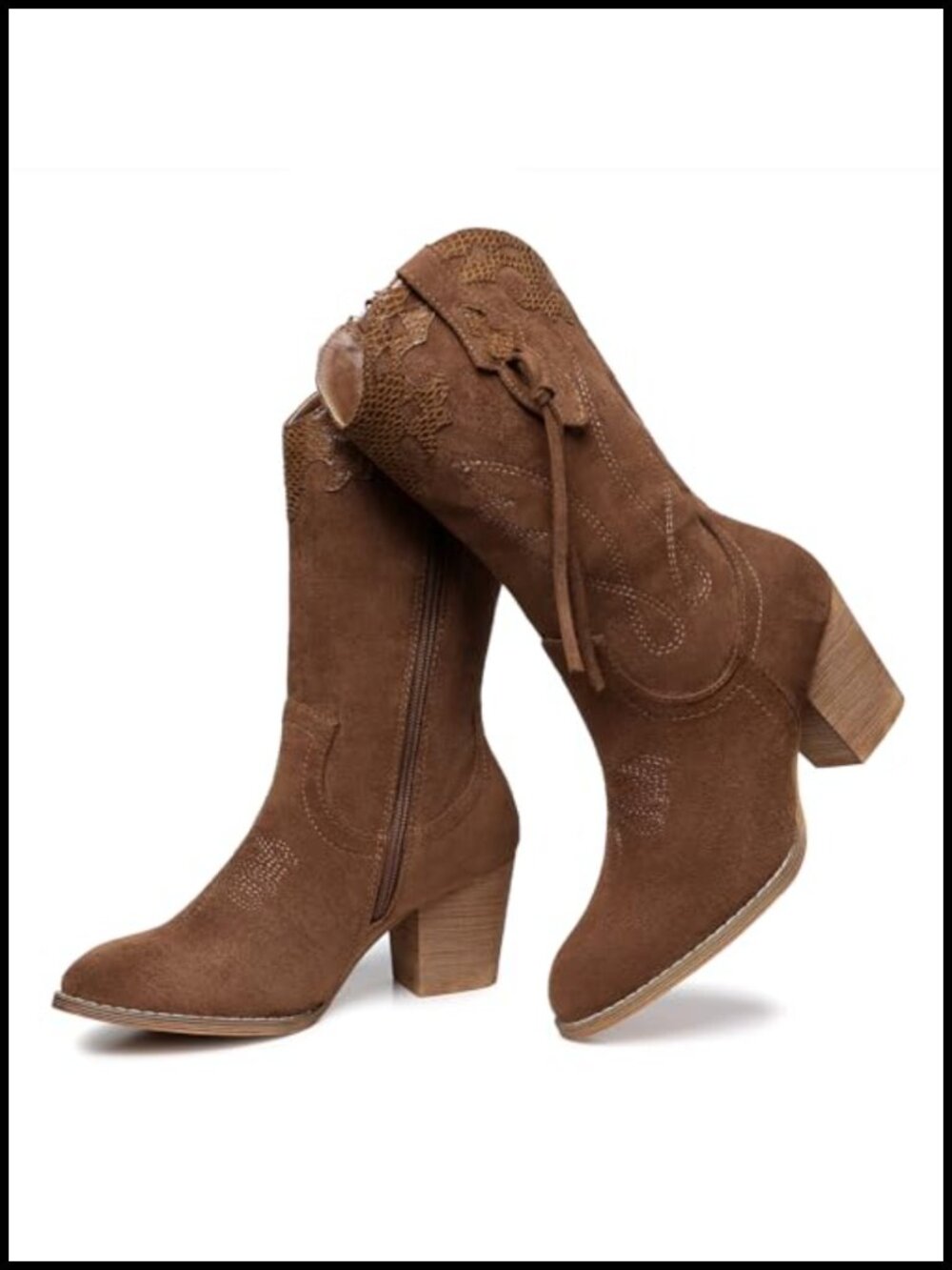 Western Cowgirl Boots Mid Calf Suede with Embroidery and Side Zipper for Dancing